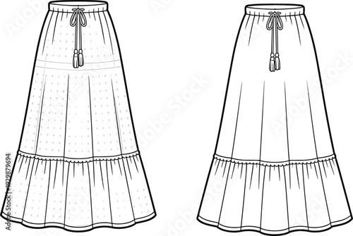 Two A-line skirts with drawstrings and ruffled hems in a dotted pattern