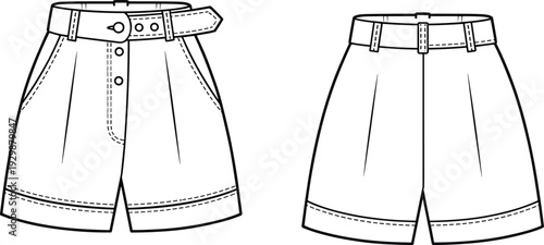 Two Different Styles of Shorts with Belt Loops and Buttons Illustrated in Black and White clothing