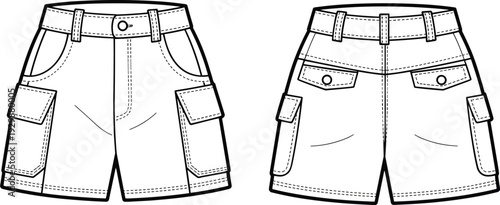Two pairs of black and white cargo shorts with multiple pockets and belt loops button