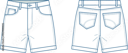 Two pairs of blue denim shorts with detailed stitching and pockets shown from front and back views
