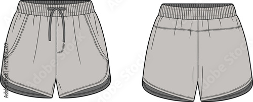 Two pairs of gray shorts with black waistbands and drawstrings shown from front and back views
