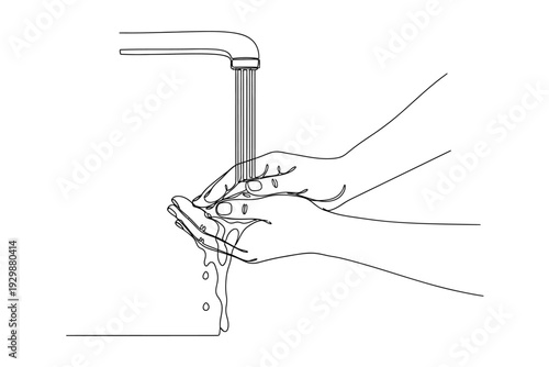 Hands Washing Under Running Faucet One Line Art Illustration