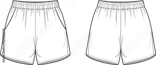 Two White Shorts with Elastic Waistbands and Side Seams Illustrated in a Minimalist Style