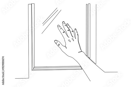 Minimalist Continuous One Line Drawing of a Human Hand Touching a Window Glass