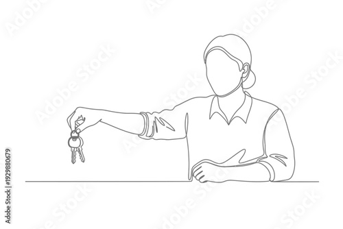 Minimalist continuous one line drawing of a woman holding keys for house or car sale concept