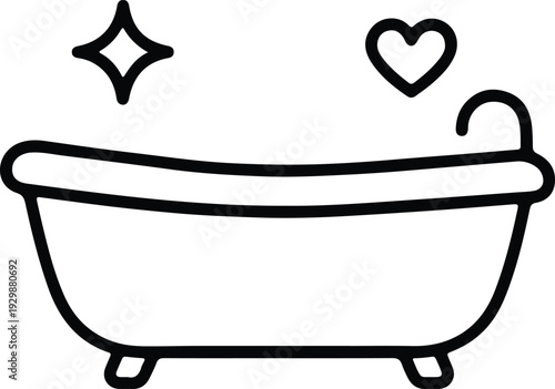 Cute line art icon of a bathtub with sparkles and a heart, symbolizing clean, relaxing bath time and selfcare concept