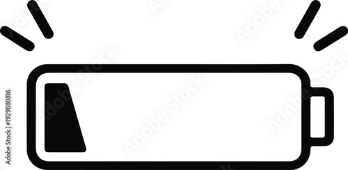 Low battery icon, power level indicator, black and white line art symbol for low energy or charging required