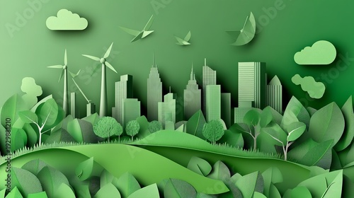 Sustainable Green City Concept with Renewable Energy, Wind Turbines and Eco Friendly Urban Design
