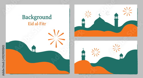Abstract eid al fitr backgrounds with mosque silhouettes and fireworks