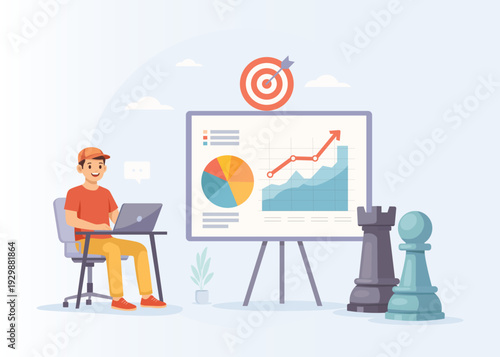 Young Entrepreneur Working on Business Strategy and Data Analysis Illustration