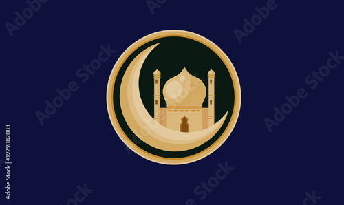 Islamic Crescent Moon and Mosque Silhouette Icon for Ramadan and Eid