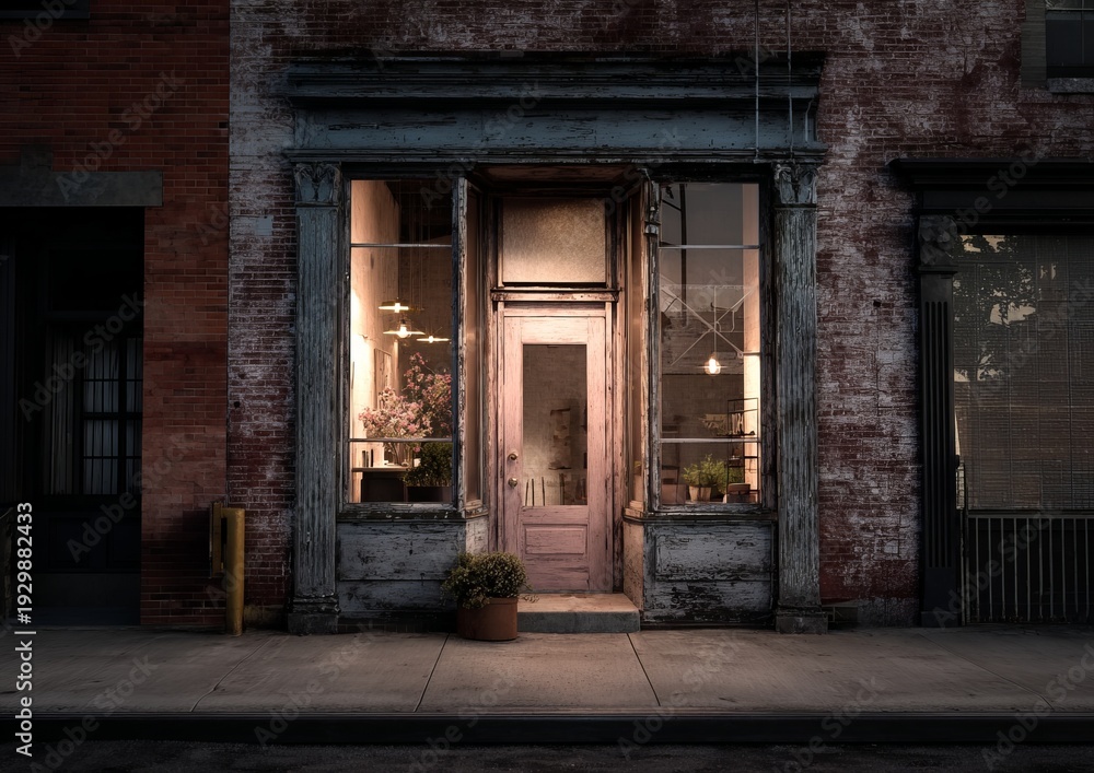 Fototapeta premium Weathered brick building with a vintage shop front, a pink door, and interior light spilling onto a sidewalk