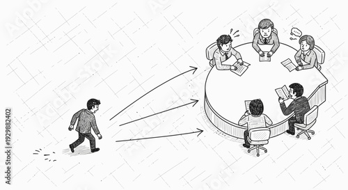 A lone individual approaches a diverse group of colleagues seated around a circular table, symbolizing integration into a collaborative business discussion.