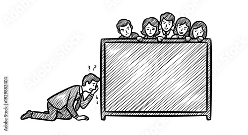 A distressed businessman kneels in despair, observed by a curious group of colleagues peeking over a blank screen, symbolizing public scrutiny or judgment.