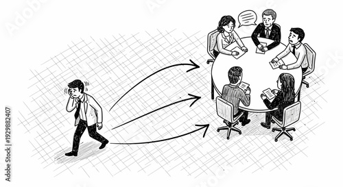 An illustration showing a lone individual walking away from a business meeting, symbolizing departure, isolation, or disengagement from a group discussion.