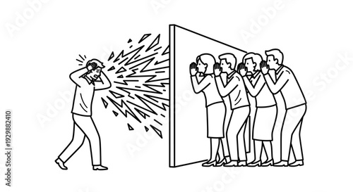 An individual experiencing overwhelming emotional distress and frustration is observed by a group of curious onlookers secretly listening from behind a dividing wall.