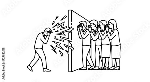 An anxious person's private distress is secretly overheard by a curious group of individuals eavesdropping from behind a dividing barrier.