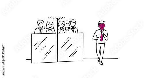 A distinct magenta-colored individual walks away from a group of observing colleagues in a modern office cubicle environment, symbolizing independence or departure.