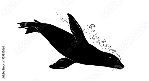 Black silhouette of a seal swimming underwater with bubbles