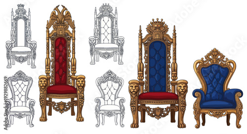 Collection of Ornate Throne Chairs, Royal Seating, Fantasy Furniture