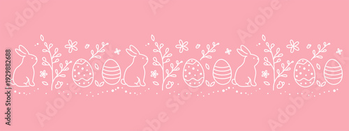 Horizontal line art illustration featuring white silhouettes of Easter bunnies, decorated eggs, and spring flowers on a pink background.