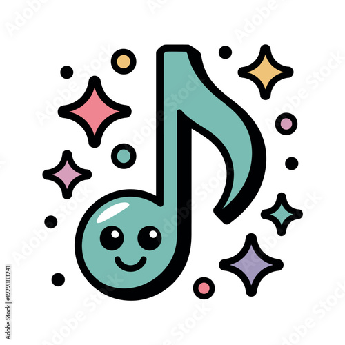 A colorful cartoon music note with a smiling face and sparkles on a white background