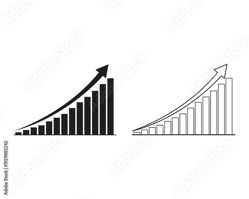Black and white bar chart and line graph illustrations with upward trends and arrows