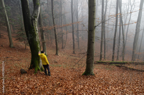 man walking in autumn forest