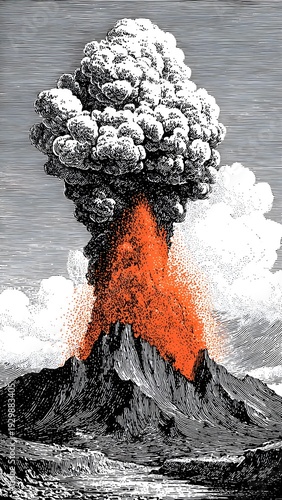 A dramatic engraving shows a volcano erupting with vibrant orange lava cascading down its slopes and a large plume of ash and smoke rising into the sky above it.