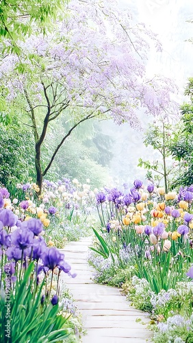 A serene garden path meanders through a vibrant display of blooming irises and lush greenery under the soft light of a hazy, tranquil morning scene outdoors.