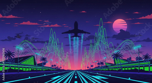 Airplane taking off at the airport at night in rhythm with the traffic: laser beams in acid green and electric blue draw a vector illustration in the air, synthwave vibe.