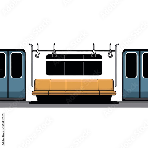 An empty subway car with a yellow bench and blue doors on a white background.