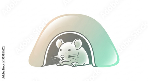 Adorable white mouse peeking out of pastel colored tunnel soft gradient background cute cartoon illustration gentle light simple design
