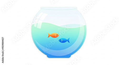 Two colorful fish swimming together in a transparent glass bowl filled with blue and green water against a white background