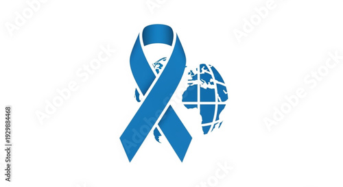 Blue awareness ribbon with global symbol representing worldwide health campaigns and social causes on a clean white background
