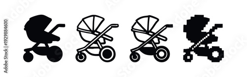 Classic baby carriage icon set in solid, outline, and pixel art styles for vintage and traditional themes