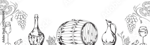 Wine banner with hand drawn vineyard, bottles, barrel, corkscrew and glasses in vintage engraving style. Monochrome winery design with copy space, elegant alcohol concept for menu or packaging.