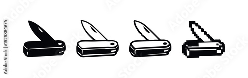 Isometric Open Pocket Knife and Utility Blade Icons Set in Various Styles