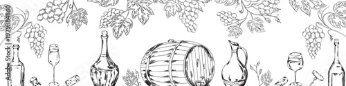 Wine banner with hand drawn vineyard, bottles, barrel, corkscrew and glasses in vintage engraving style. Monochrome winery design with copy space, elegant alcohol concept for menu or packaging.