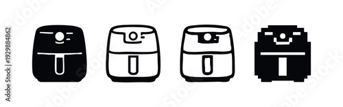 Front View Air Fryer Icon Set with Various Styles and Designs