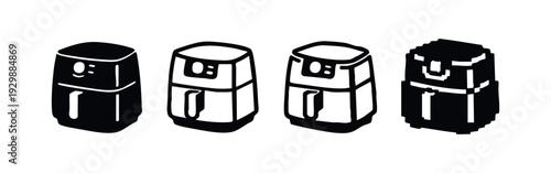 Isometric Air Fryer Icons in Diverse Stylistic Variations and Perspective