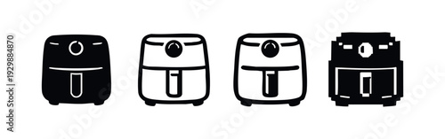 Collection of Air Fryer Icons in Flat and Outline Styles, Front View