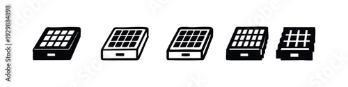 Solar Panel or Battery Pack Icons Set. Flat Black and White Vector Illustration for Energy Technology.