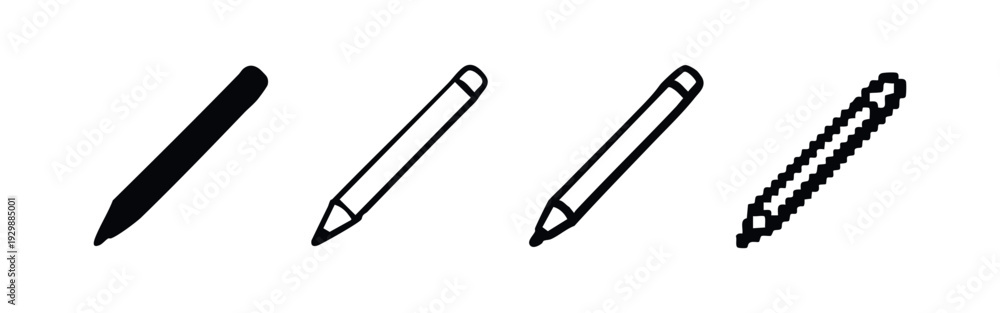 Obraz premium Pencil and Stylus Pen Outline and Pixel Icons. Digital Drawing and Writing Tools for Creative and Educational Use.