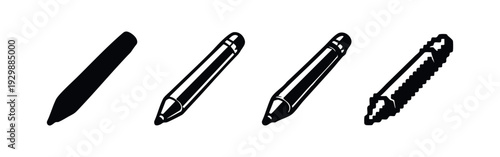 Detailed Pencil and Stylus Pen Icons. Digital Drawing and Writing Tools in Solid, Outline, and Pixelated Styles.