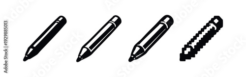 Stylus Pen and Marker Icon Set with Outline Details and Pixelated Style. Digital Drawing Tool Vector Collection.
