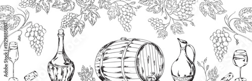 Wine banner with hand drawn vineyard, bottles, barrel, corkscrew and glasses in vintage engraving style. Monochrome winery design with copy space, elegant alcohol concept for menu or packaging.