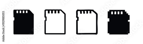 SD Card Icon Set. Solid, Outline, and Pixelated Memory Card Designs for Digital Storage.