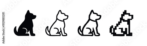 Dog Sitting Silhouette and Outline Pixel Art Icons Set