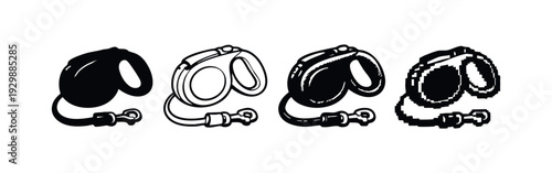 Modern Retractable Dog Leash Silhouette and Pixel Art Icons Collection